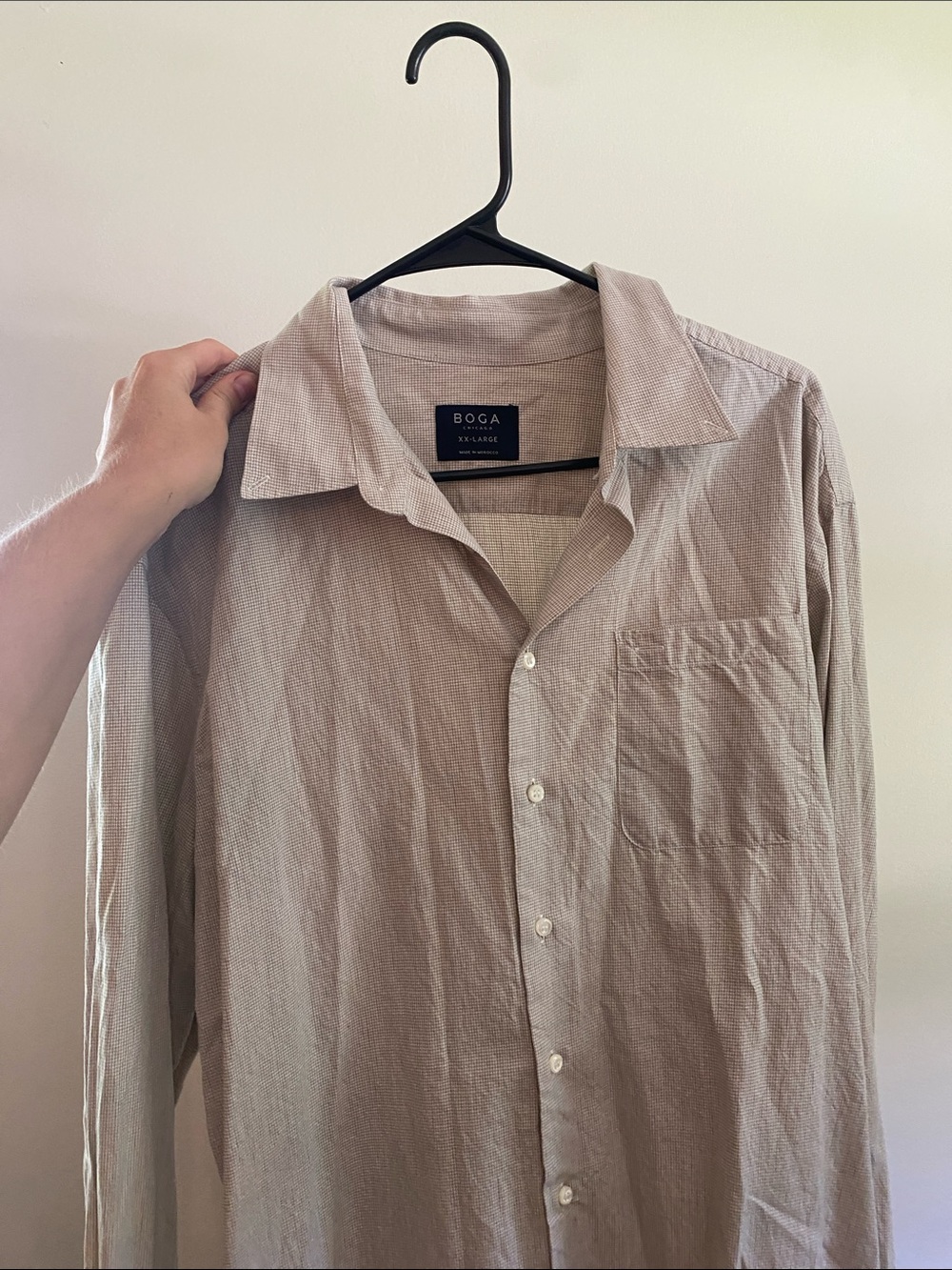 Men’s taupe and white gingham button up